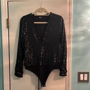 Express Black sequin v-neck thong bodysuitt
